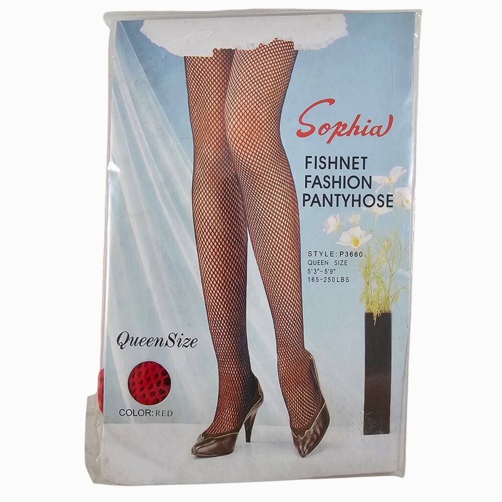 New Vintage Sophia Fishnet Pantyhose Queen Plus Size Red Nylon Tights Lingerie